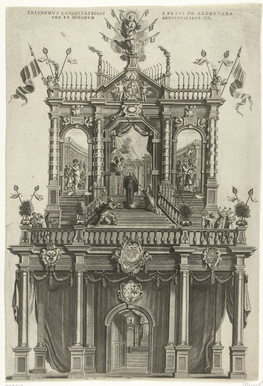 Triumfální brána postavená v Antverpách u příležitosti svatořečení Petra z Alcantary v roce 1669 Triumphus Canonizationis S. Petri de Alcantara Ord. F.F. Minorum Antverp. 16. září 1669 (název na objektu) od Susanna Verbruggen (signed by artist)