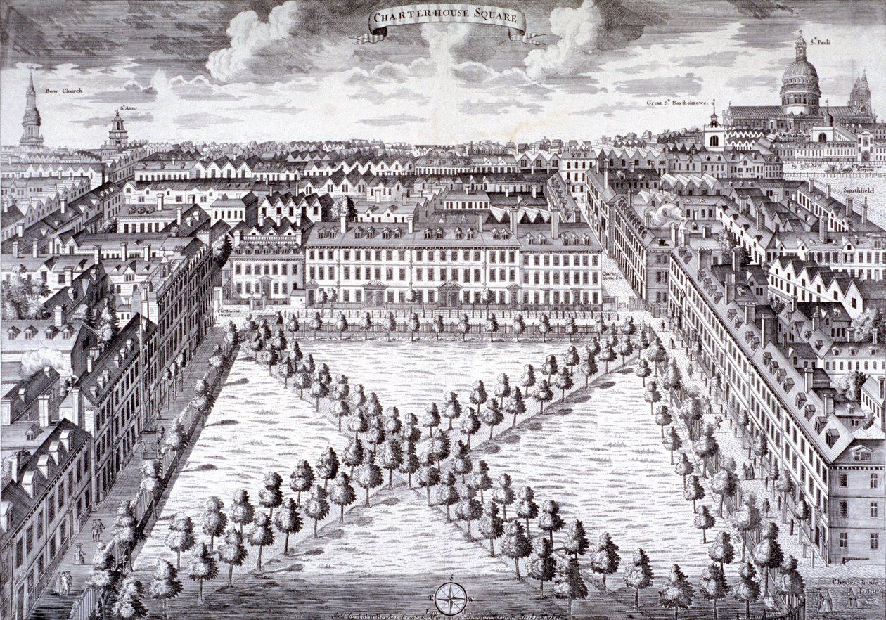 Pohled z ptačí perspektivy na náměstí Charterhouse, Finsbury, Londýn, c1750 od Sutton Nicholls