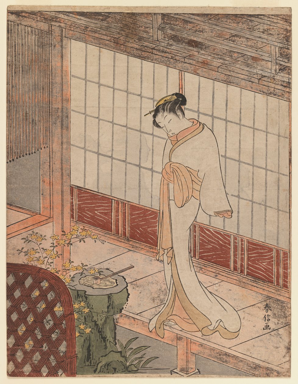 Kurtizána v nočním úboru stojící na verandě, cca 1767 (barevný dřevotisk) od Suzuki Harunobu