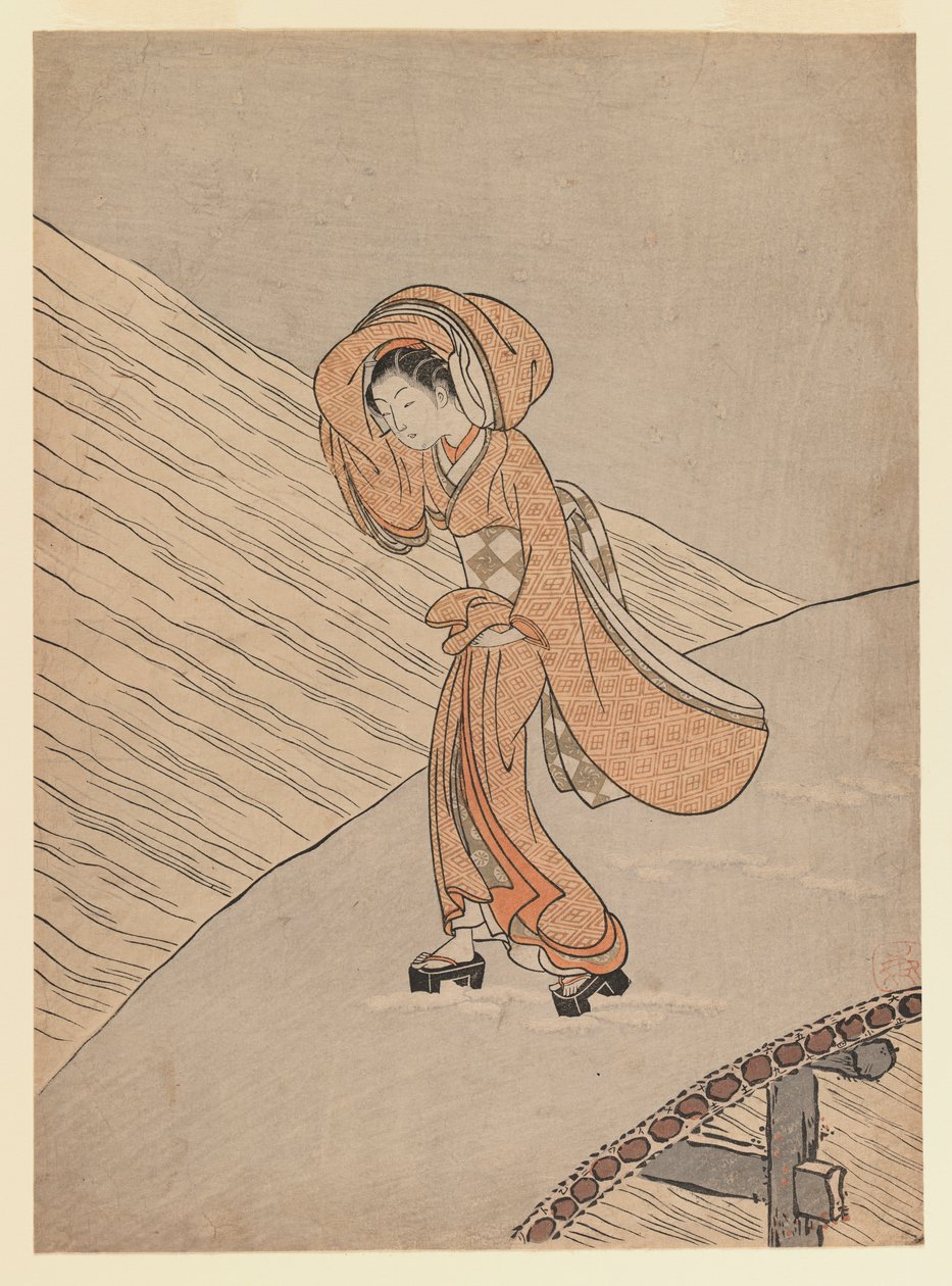 Mladá dívka přes most po sněhu: Kalendářní rok druhého roku Meiwa, 1765 (barevný dřevořez) od Suzuki Harunobu