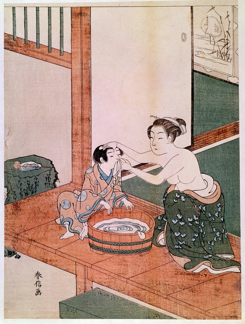Nahá matka myje své dítě v Japonsku poblíž umyvadla naplněného vodou. Tisky Haronobu Suzuki (1725 -1770). 1766-1768. Ztlumit. 0,27x0,201 m. Paříž, Guimetovo muzeum, Národní muzeum asijského umění od Suzuki Harunobu