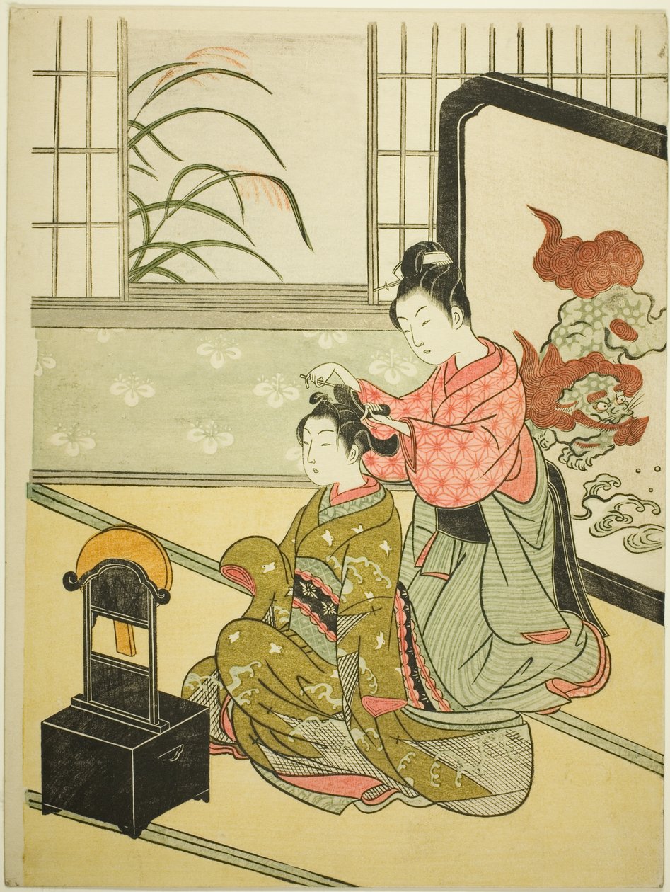 Podzimní měsíc v zrcadle (Kyodai no Shugetsu), ze série "Osm pohledů do salonu (Zashiki hakkei)" od Suzuki Harunobu