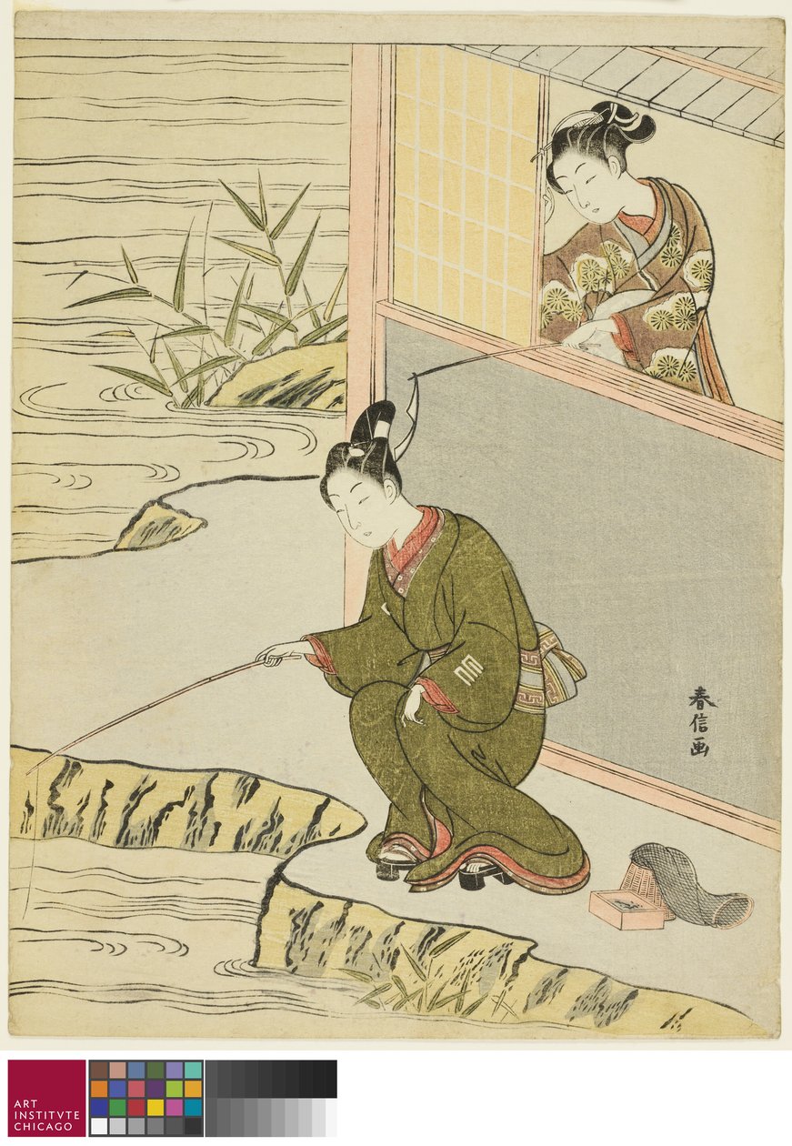 Krása škádlení mladého muže Rybaření, c. 1768 od Suzuki Harunobu