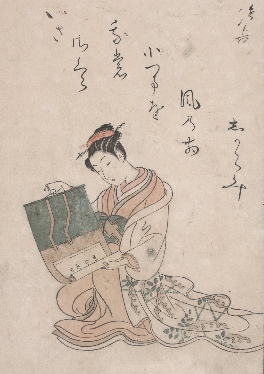 Beauty Unrolling Scroll, cca 1770 (barevný dřevoryt na japonském papíře) od Suzuki Harunobu