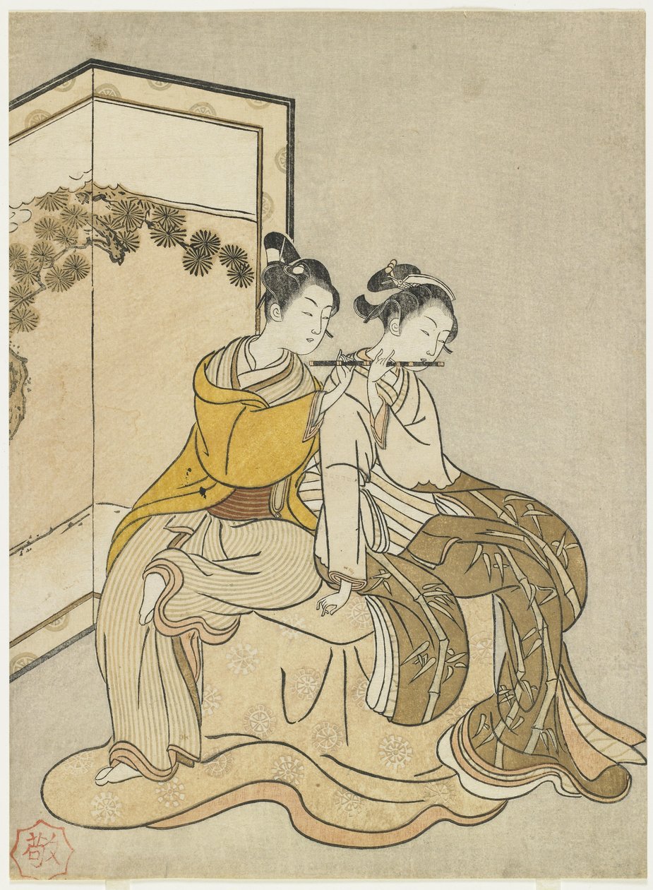 Tisk kalendáře pro Meiwa 2 a Mitate of Emperor Xuanzong a Yang Guifei, 1765 od Suzuki Harunobu