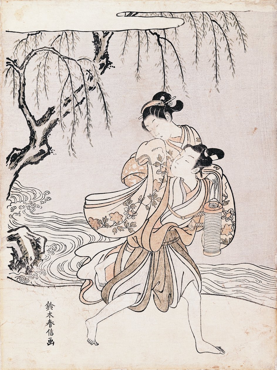 Pár na břehu řeky, Suzuki Harunobu (1725-1770), inkoust a barvy, Japonsko, japonská civilizace, období Edo od Suzuki Harunobu