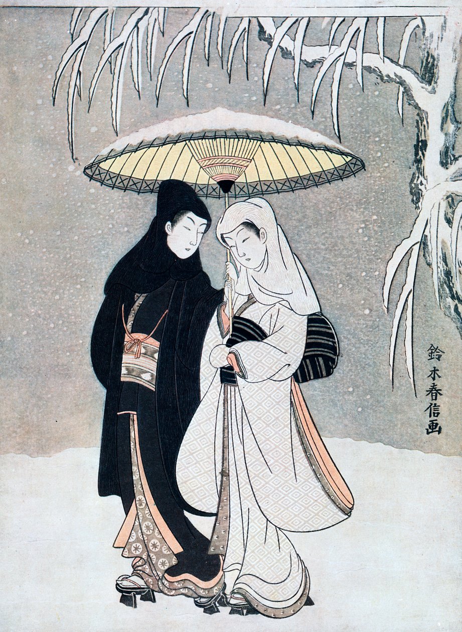 Vrána a volavka, aneb Mladí milenci, kteří spolu chodí pod deštníkem ve sněhové bouři, c1769. od Suzuki Harunobu