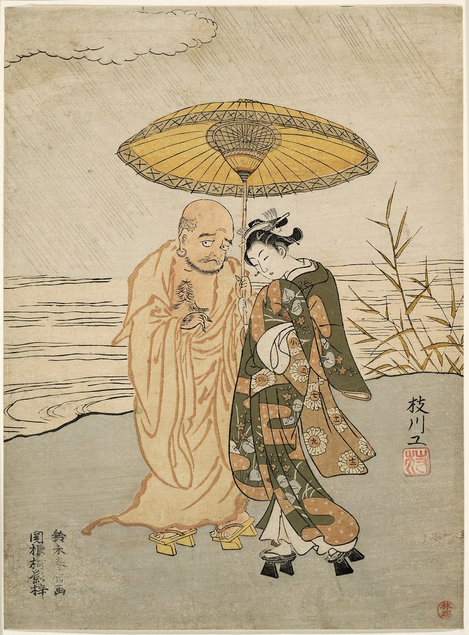 Daruma a mladá žena v dešti od Suzuki Harunobu