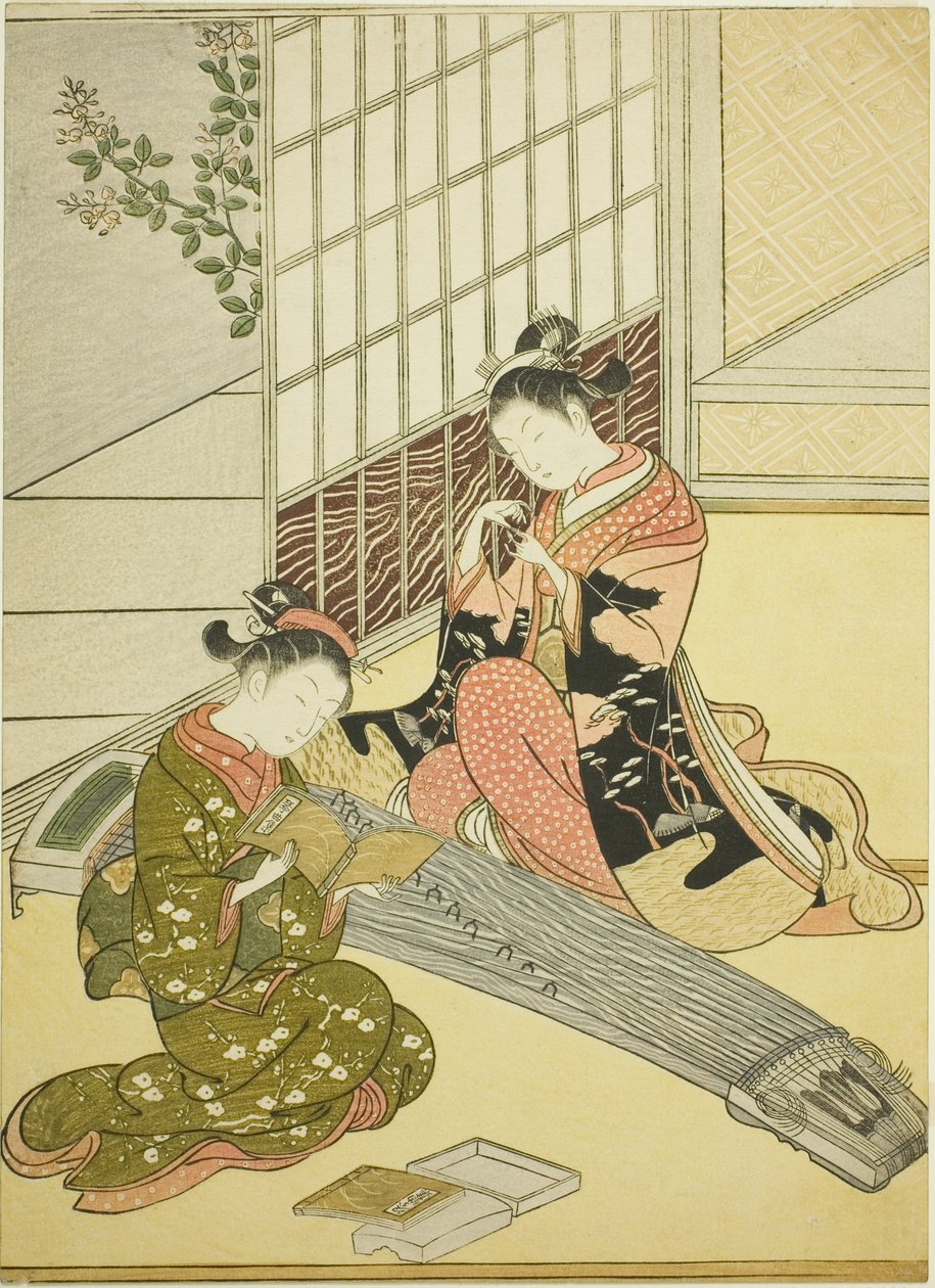 Sestupné husy z kotských mostů (Kotoji no rakugan), ze série „Osm pohledů do salonu (Zashiki hakkei)“ od Suzuki Harunobu