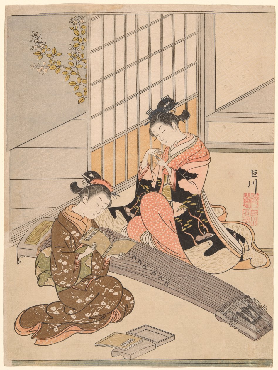 Sestupné husy z kotských mostů (Kotoji no rakugan), ze série „Osm pohledů do salonu (Zashiki hakkei)“ od Suzuki Harunobu