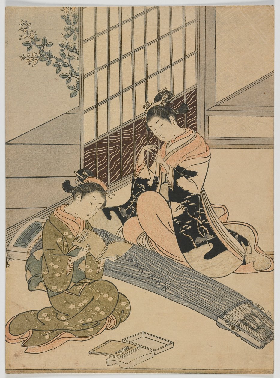 Descending Huss of the Koto, Edo period, c.1766 (barevný dřevořez) od Suzuki Harunobu