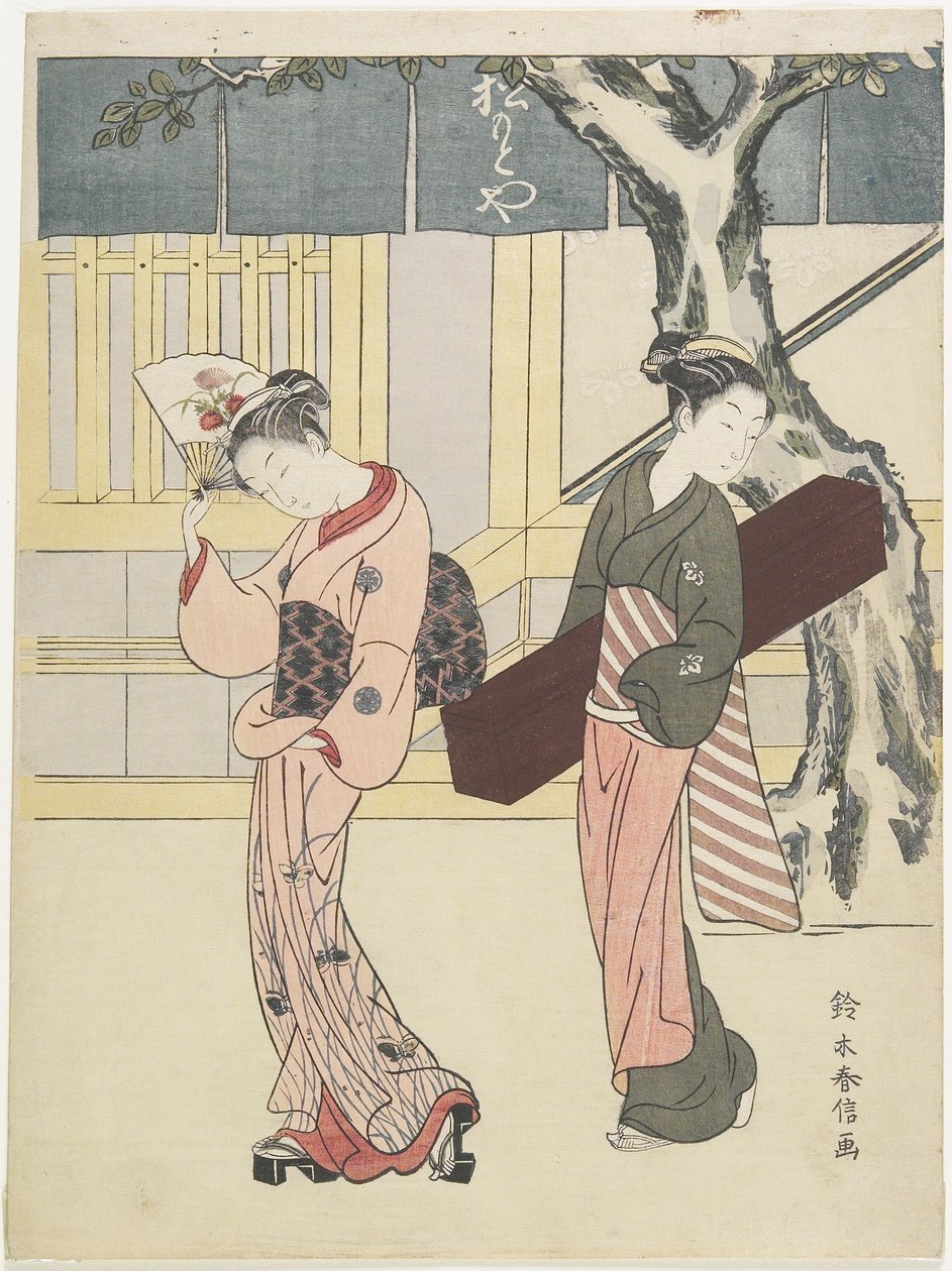 Bavič a její obsluha před Matsumoto-ya, c. 1768 od Suzuki Harunobu