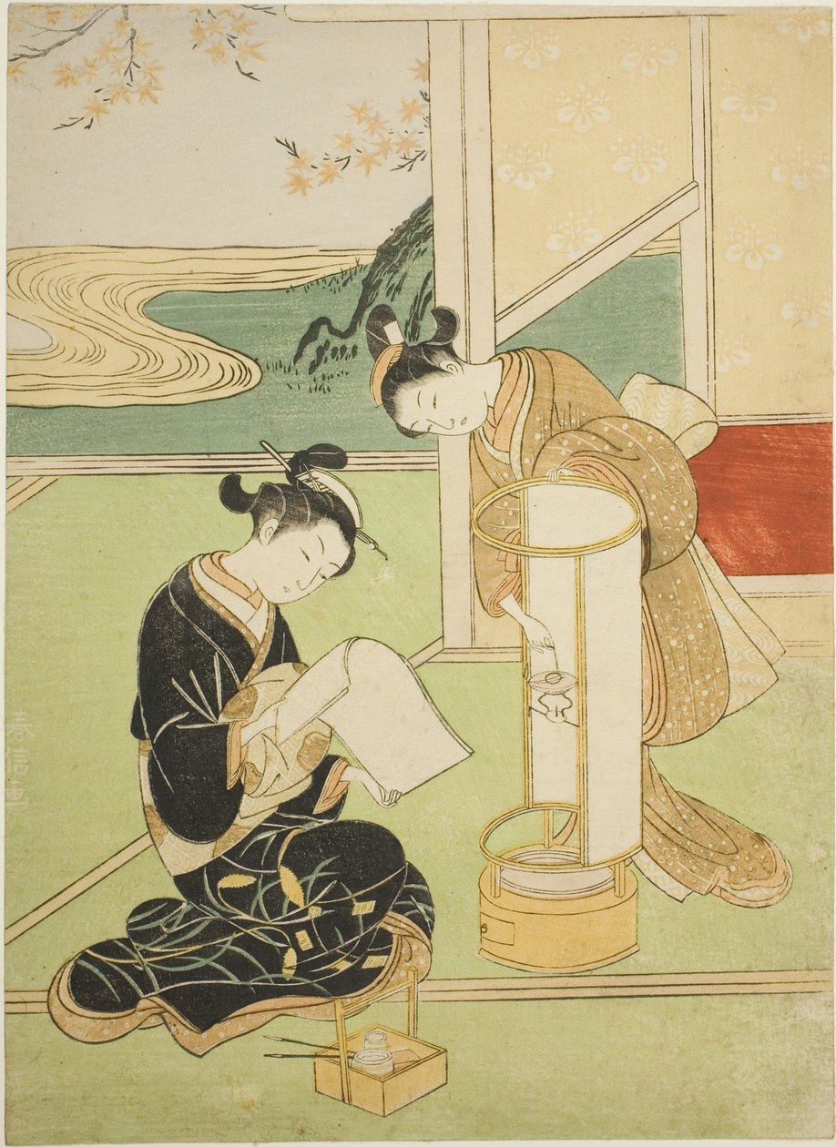 Večerní záře lampy (Andon no sekisho), ze série "Osm pohledů do salonu (Zashiki hakkei)" od Suzuki Harunobu