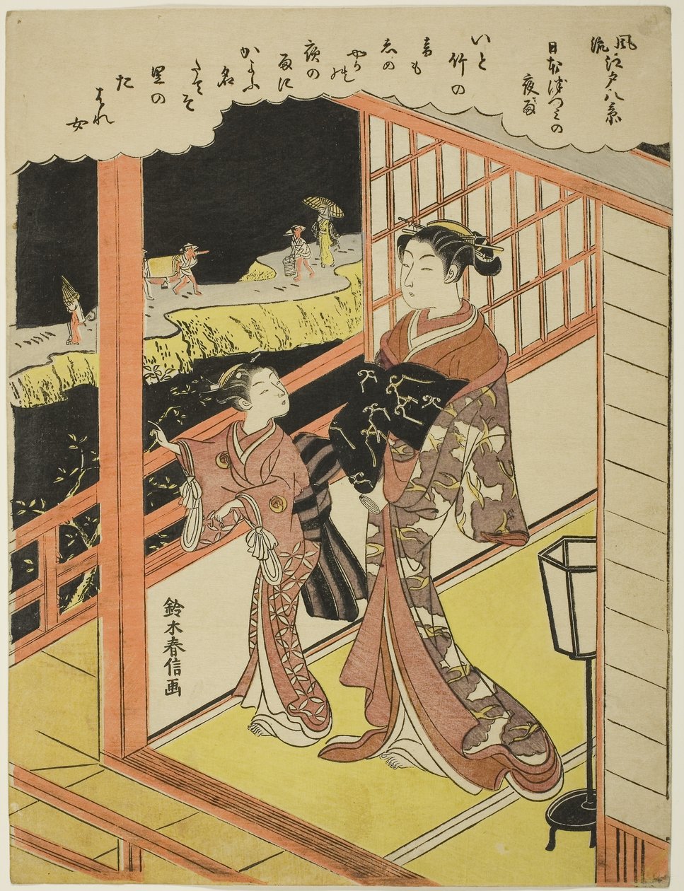Večerní déšť v Nihonzutsumi (Nihonzutsumi no yau), ze série "Osm módních pohledů na Edo (Furyu Edo hakkei)", asi 1768-69 (barevný dřevoryt; čuban) od Suzuki Harunobu