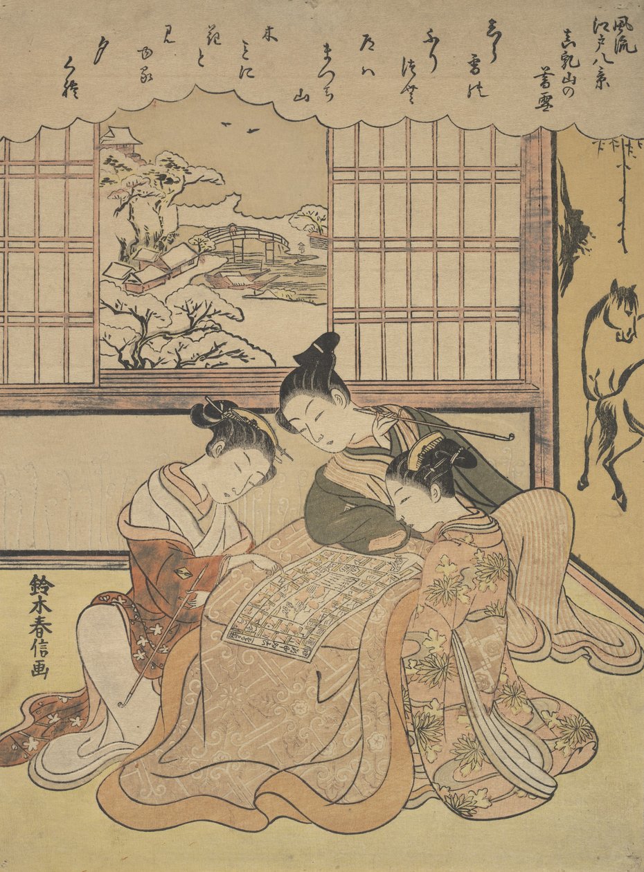 Večerní sníh na Matsuchi Hilll, ze série Osm módních pohledů na Edo Fur..., ca. 1765-70. od Suzuki Harunobu