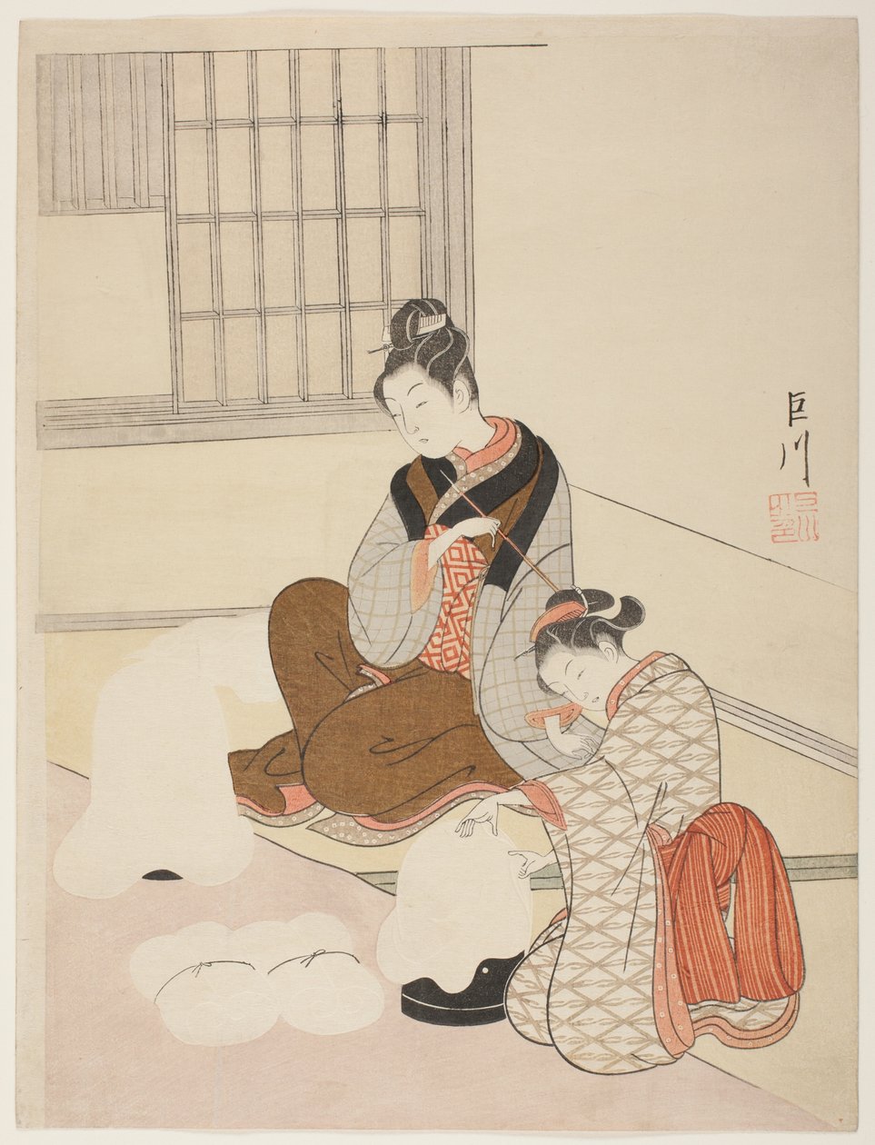 Večerní sníh na tvarovači nití (Nurioke no bosetsu), ze série „Osm pohledů do salonu (Zashiki hakkei)“ od Suzuki Harunobu