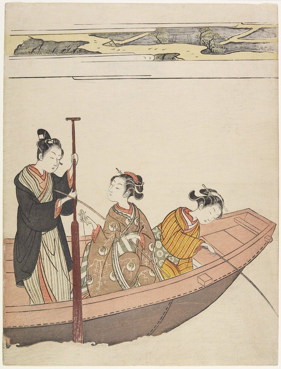 Rybaření v blízkosti svatyně Mimeguri na řece Sumida, c. 1767 od Suzuki Harunobu