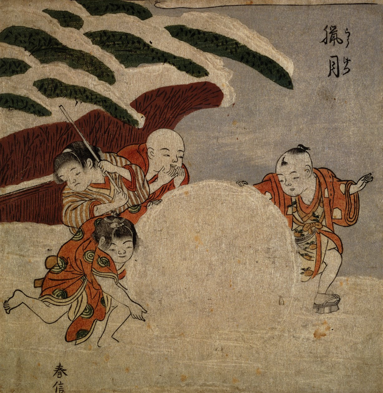 Čtyři chlapci tvoří sněhovou kouli, cca 1768 (barevný dřevořez) od Suzuki Harunobu