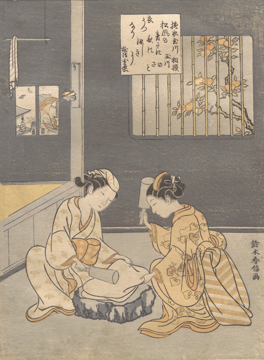 Fulling Cloth na řece Jewel Kinuta no Tamagawa, ca. 1768, ca. 1768. od Suzuki Harunobu