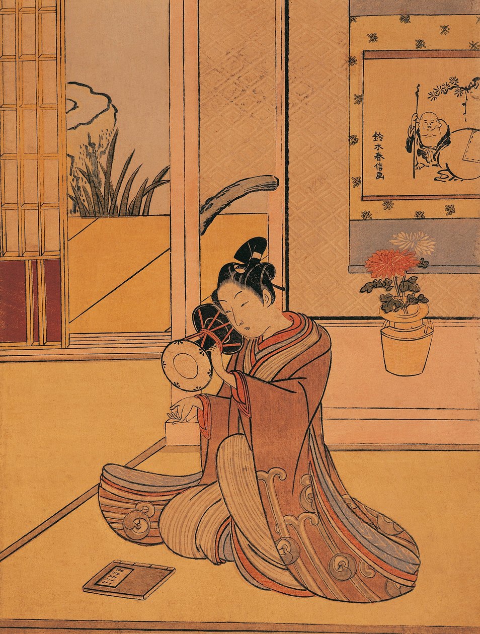 Itálie, Janov, Mladý muž hrající na buben od Suzuki Harunobu (cca 1725-1770), dřevoryt od Suzuki Harunobu