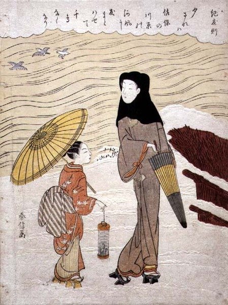 Lady and Maid Walking by a River, kolem roku 1767 (dřevotisk s vyraženým mrknutím) od Suzuki Harunobu