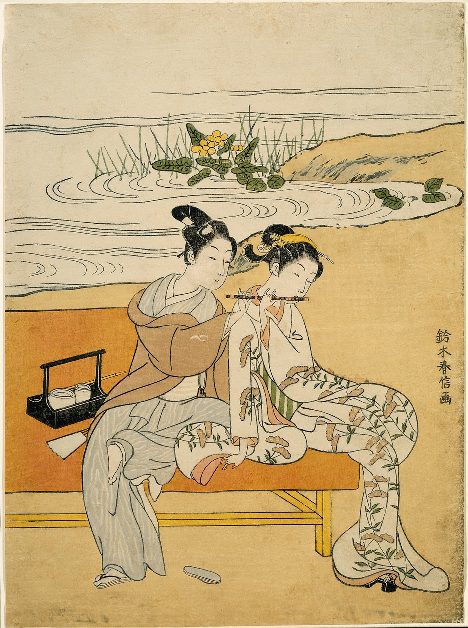 Milenci hrající stejnou hru (parodie na Xuanzonga a Yang Guifei), kolem roku 1767 (barevný dřevoryt; chuban) od Suzuki Harunobu