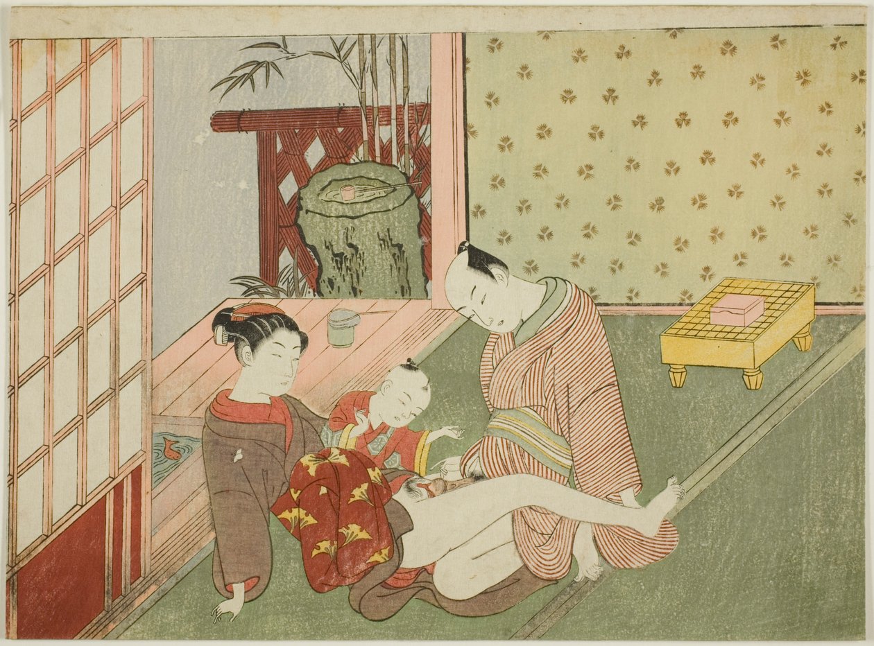 Lovers with Young Attendant Looking on, z nepojmenované série erotických potisků od Suzuki Harunobu