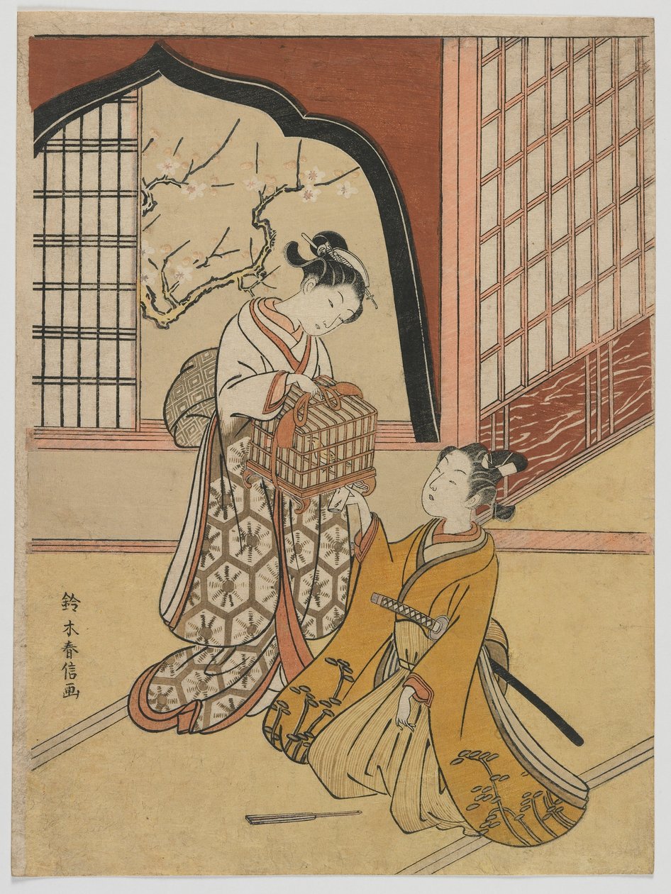 Milenci s ptačí klecí, období Edo, asi 1766-67 (barevný dřevoryt) od Suzuki Harunobu