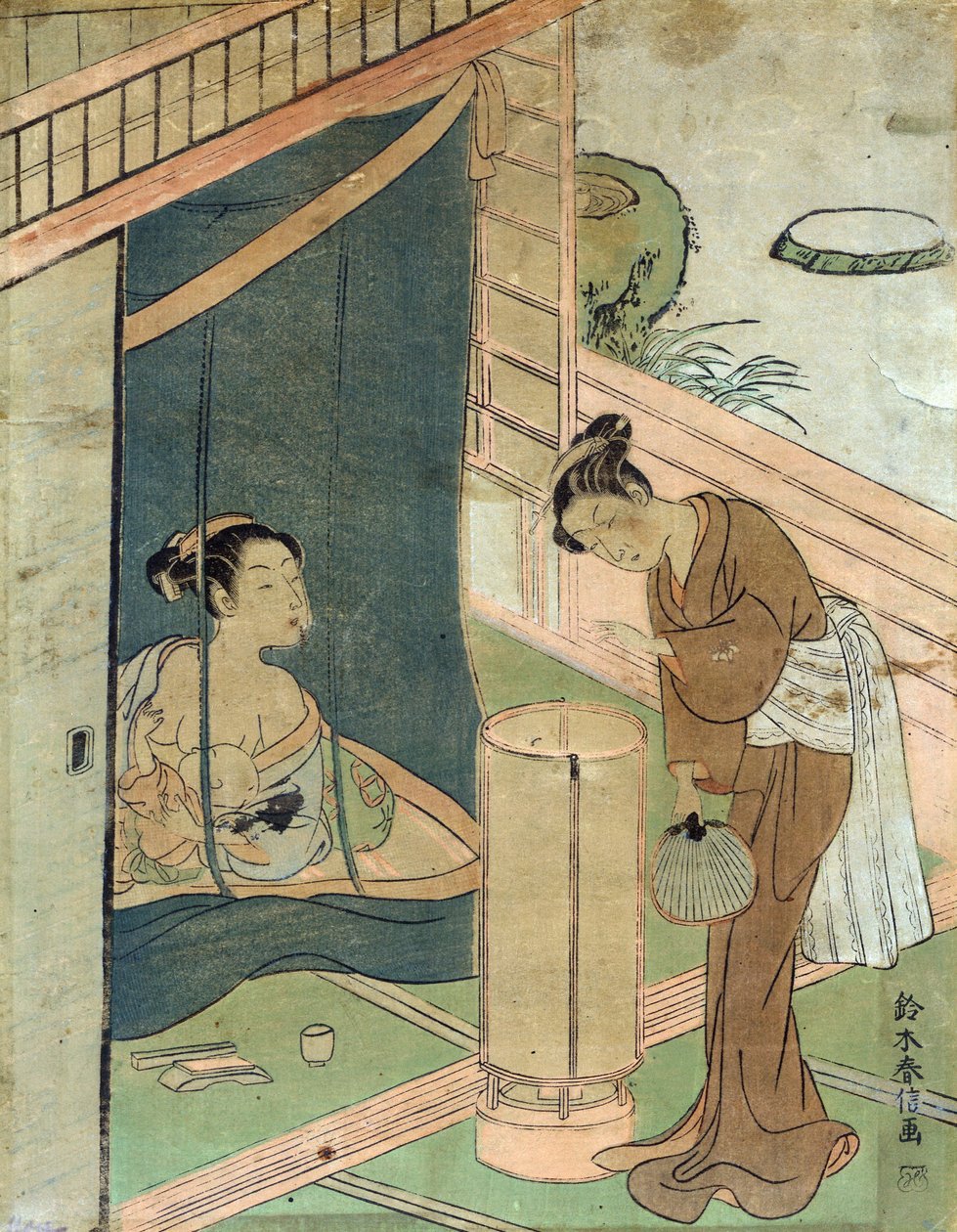 Matka a dítě za moskytiérou od Harunobu Suzuki, japonského návrháře kresby dřevěných bloků ve stylu Ukiyo-e. od Suzuki Harunobu