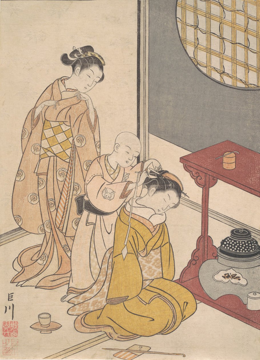 Noční déšť na dvoupolicovém stánku, ze série Osm výhledů do salonu Zashiki hakk..., ca. 1766. od Suzuki Harunobu