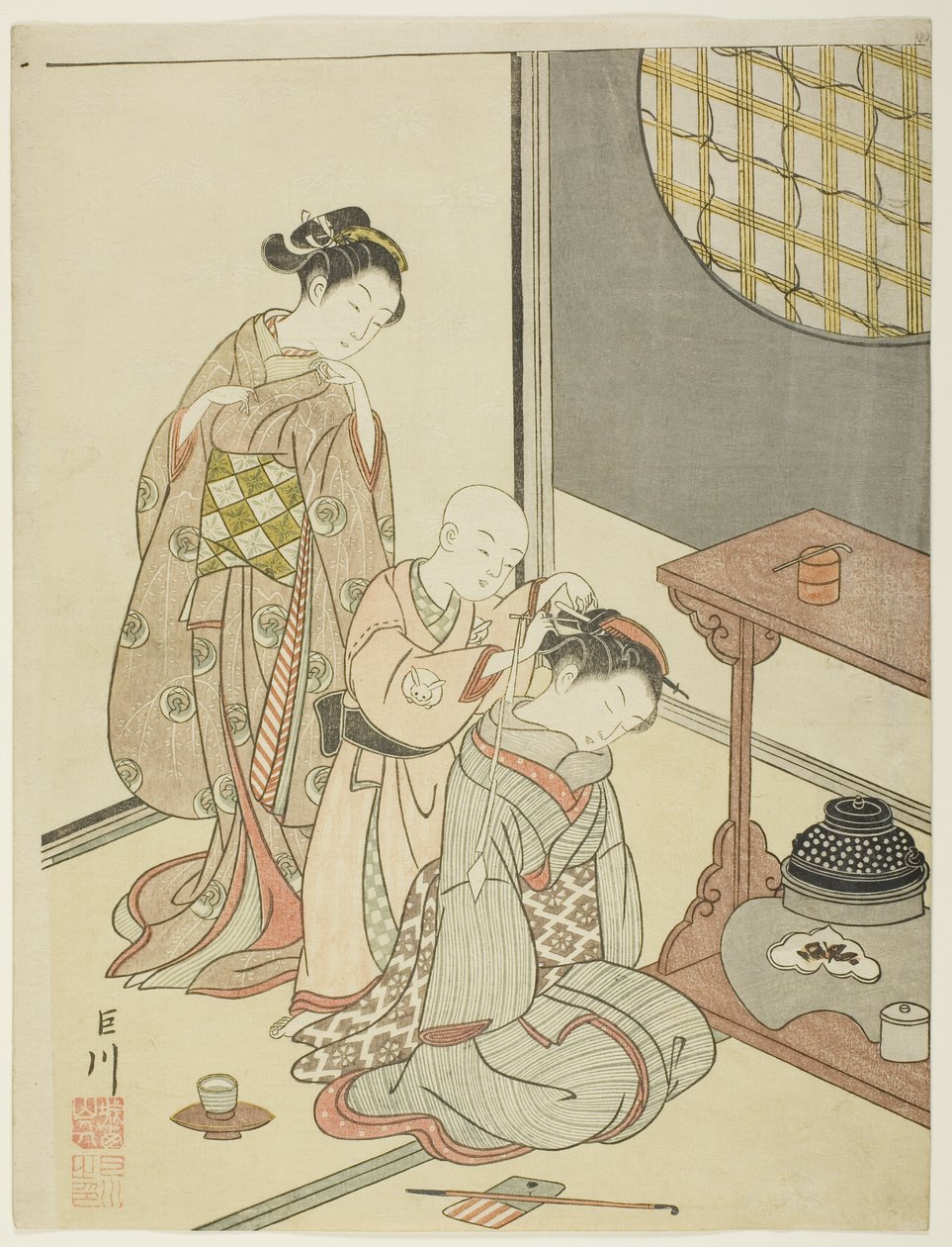 Noční déšť ze stánku s čajem (Daisu no yau), ze série „Osm pohledů do salonu (Zashiki hakkei)“ od Suzuki Harunobu