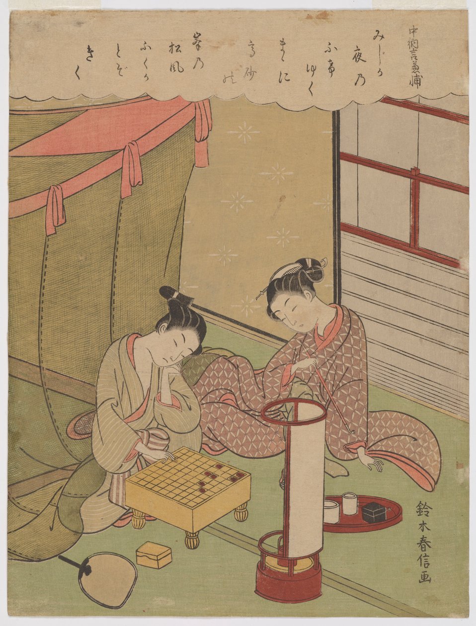 Oiran a mladý muž hrající šógi za letního večera v Jošiwaře od Suzuki Harunobu