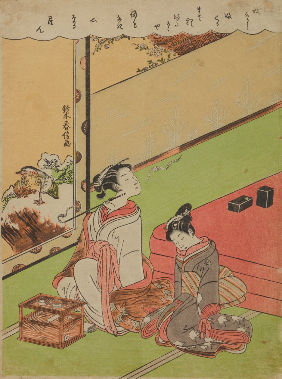 Oiran kouřící dýmku a její podřimující služebná od Suzuki Harunobu