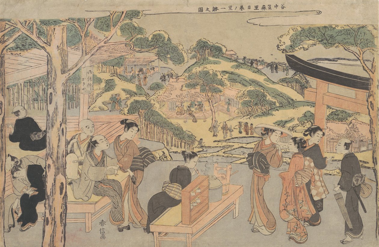 Pohled na čajovnu Kagiya ve svatyni Kasamori v Yanaka, ca. 1768, ca. 1768 od Suzuki Harunobu