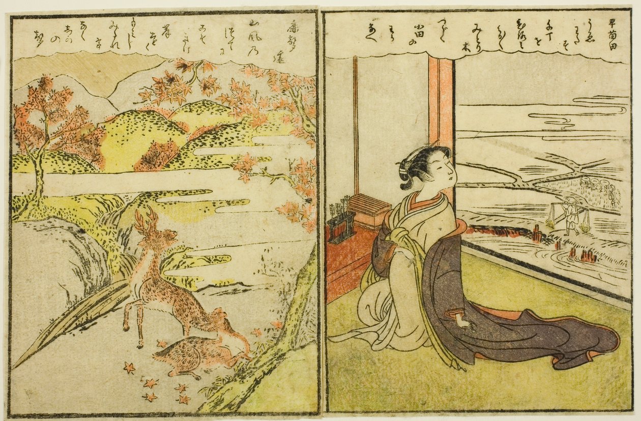 Stránky ze sv. 1 a 2 "Obrázkové knihy jarních brokátů (Ehon haru no nishiki)" od Suzuki Harunobu