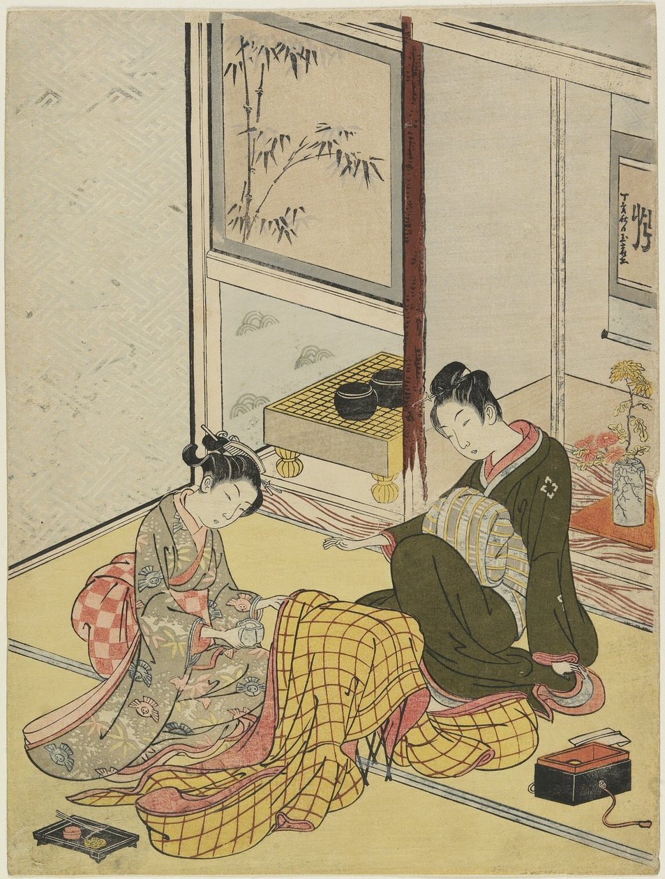 Parfémování róby jako Mitate ze čtyř elegantních zábav, podzim 1767 (barevný dřevotisk) od Suzuki Harunobu