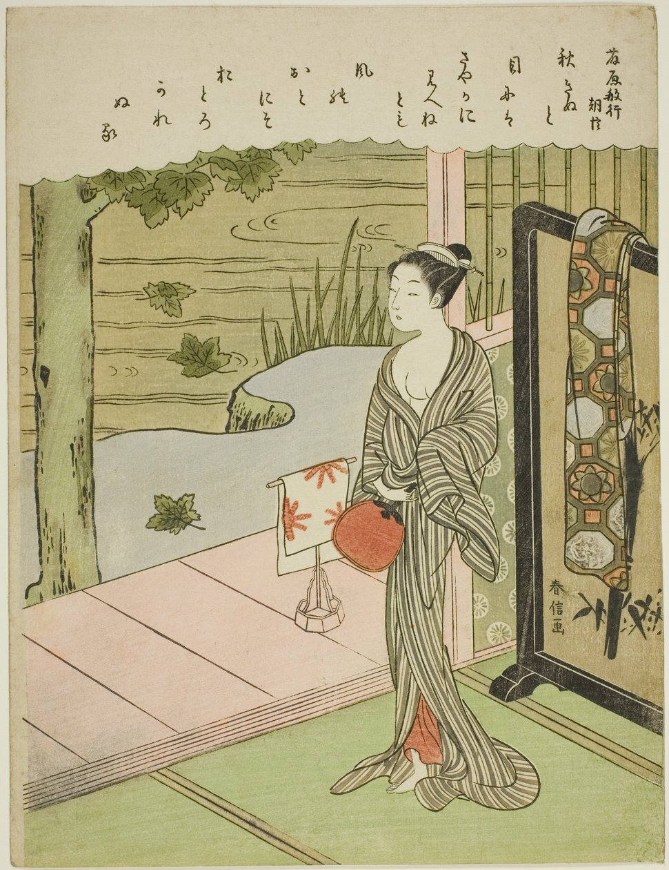 Báseň Fujiwara no Toshiyuki z nepojmenované série Třicet šest nesmrtelných básníků od Suzuki Harunobu