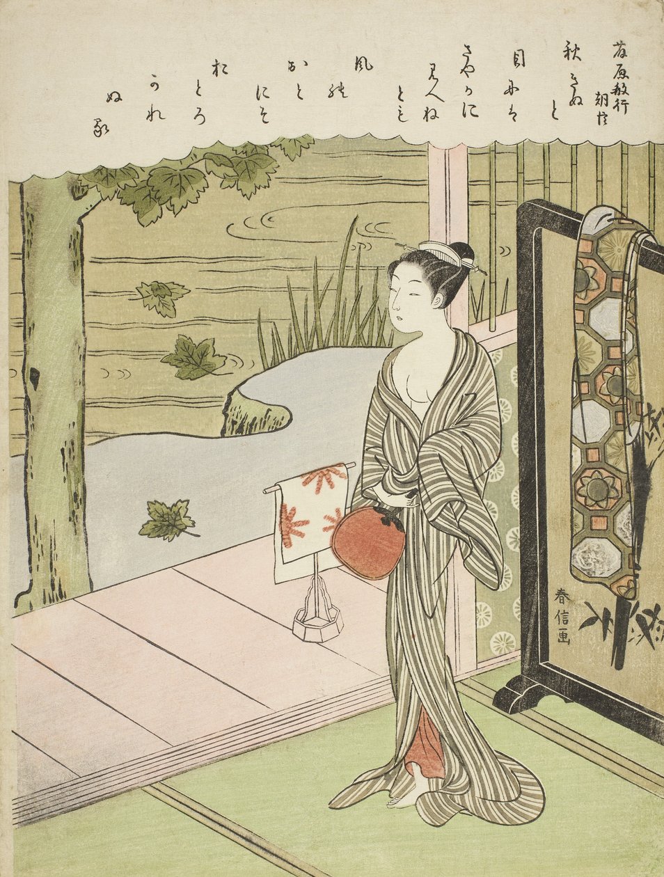 Báseň Fujiwara no Toshiyuki, z nepojmenované série Třicet šest nesmrtelných básníků, cca 1767-68 od Suzuki Harunobu