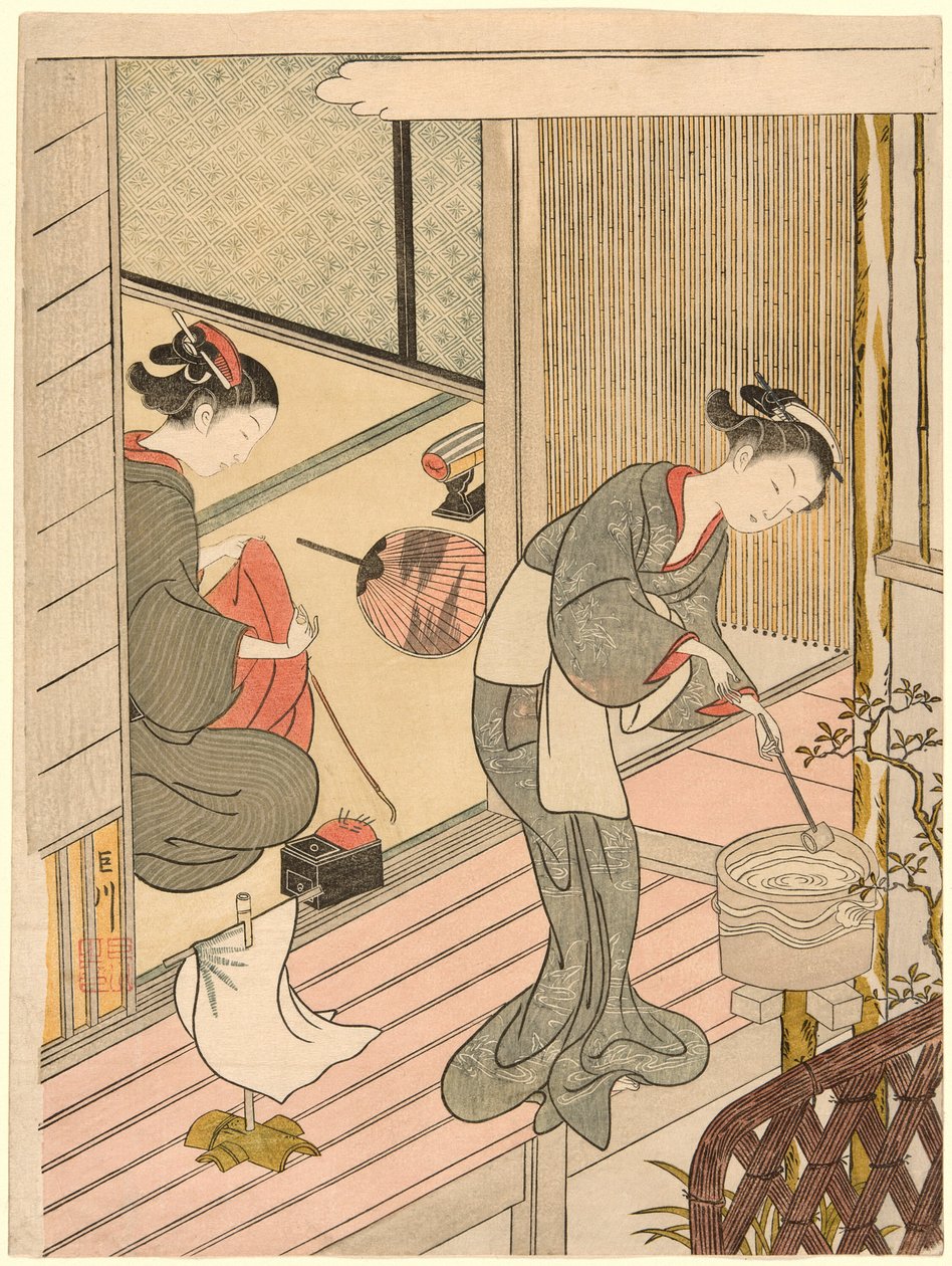 Vracející se plachty věšáku na ručníky (Tenugui-kake no kihan), ze série „Osm pohledů na salon (Zashiki hakkei)“ od Suzuki Harunobu