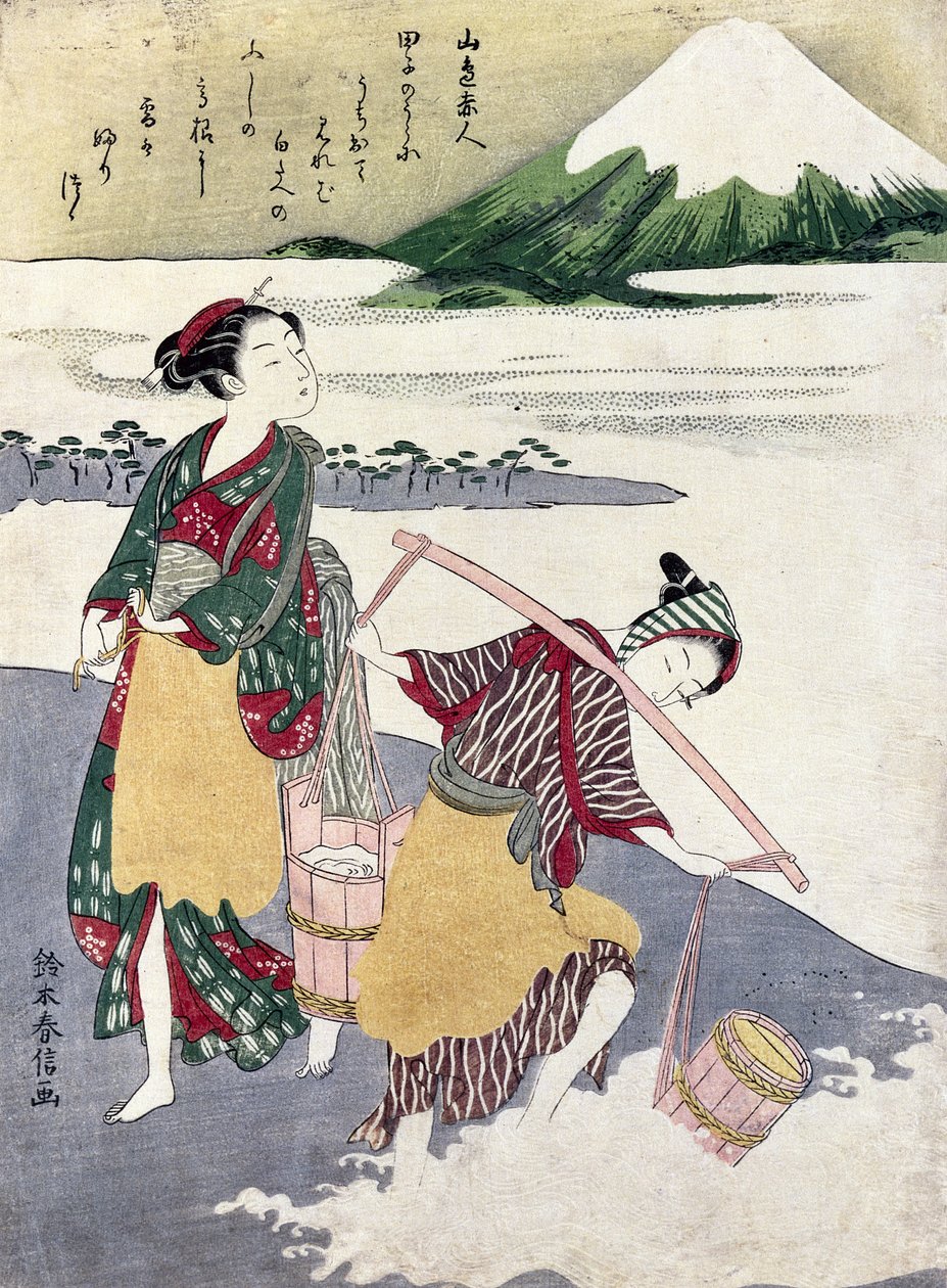 Salt Maidens na pláži Tago-no-ura s horou Fuji vzadu (barevný dřevotisk) od Suzuki Harunobu