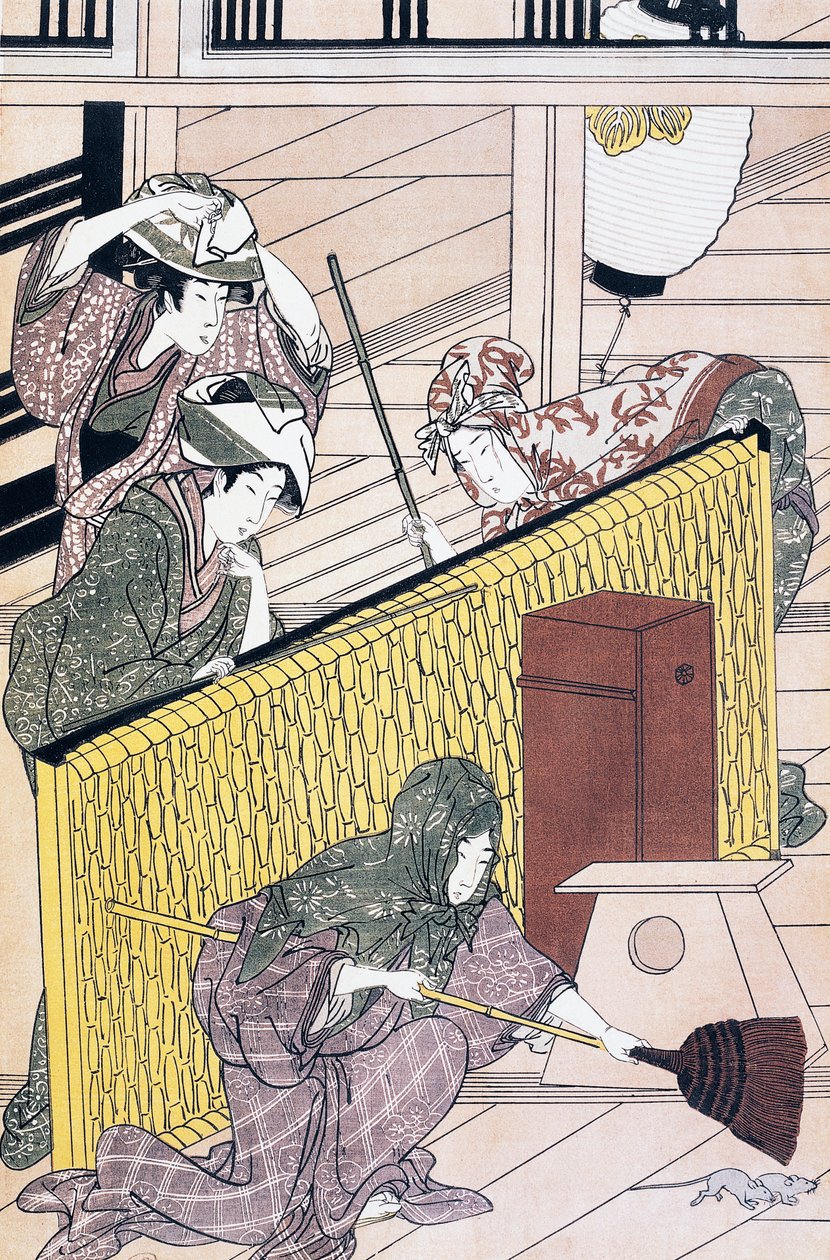 Sluha honí myši v domě, umělecký tisk ukiyo-e od Suzuki Harunobu (1725-1770), dřevoryt, japonská civilizace, období Edo od Suzuki Harunobu