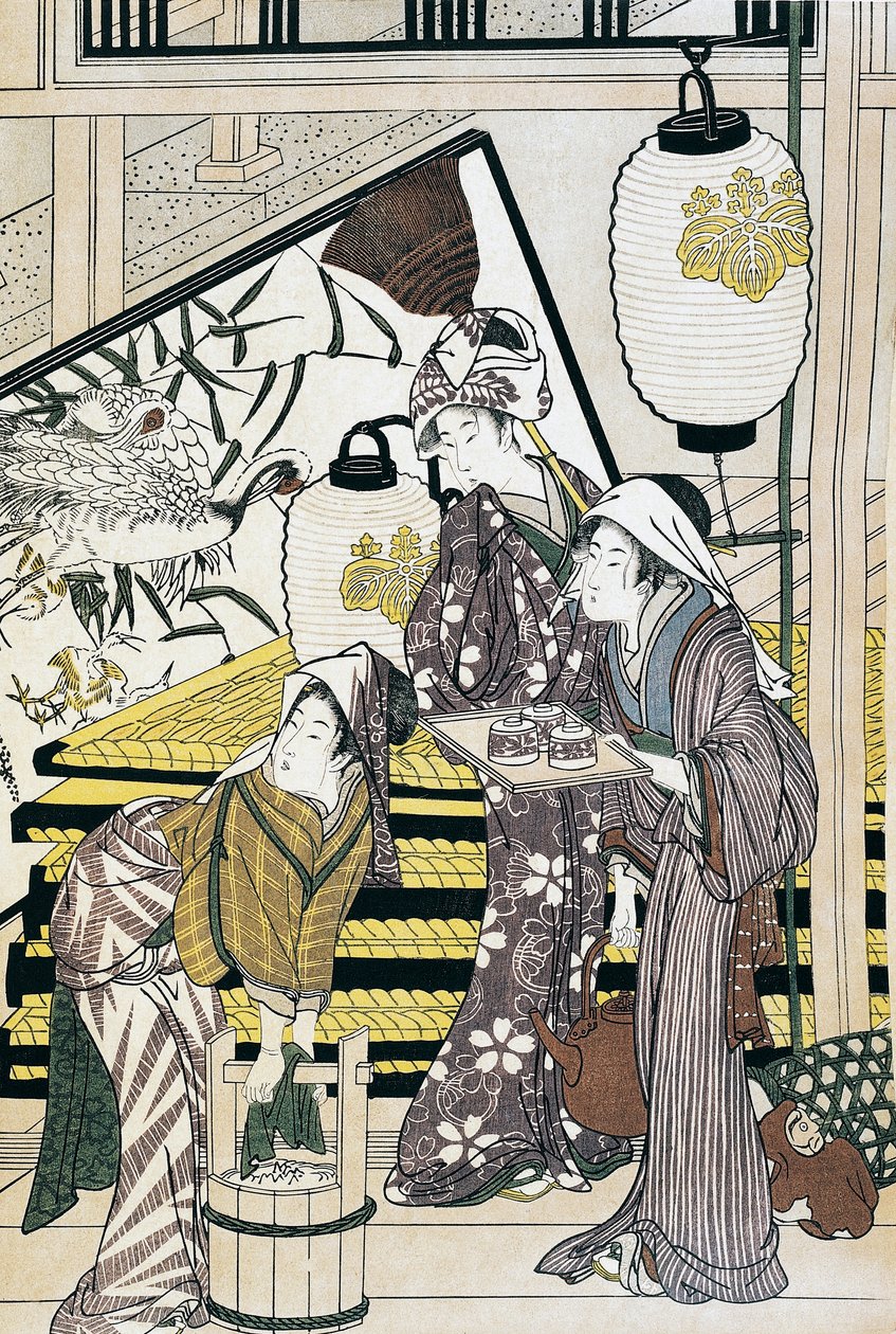 Sluhové dřející doma, umělecký tisk ukiyo-e od Suzuki Harunobu (1725-1770), dřevoryt, japonská civilizace, období Edo od Suzuki Harunobu