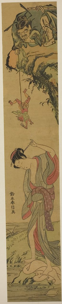 Zamilovaný Shoki, asi 1768 (barevný dřevoryt, hašira-e) od Suzuki Harunobu
