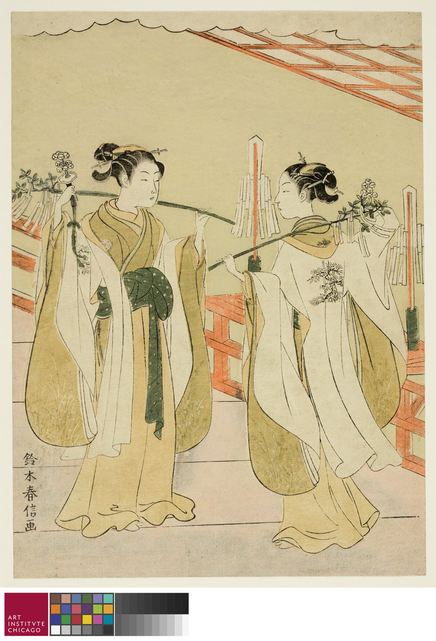 Shrine Maidens Onami and Ohatsu Dancing at Yushima Tenjin Shrine, c.1769 od Suzuki Harunobu