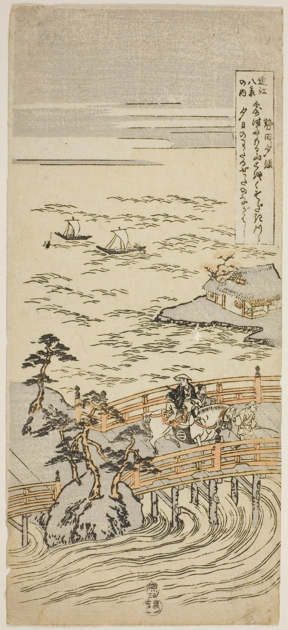 Sunset Glow at Seta (Seta Sekisho), ze série "Osm pohledů na Omi (Omi Hakkei No Uchi)" od Suzuki Harunobu