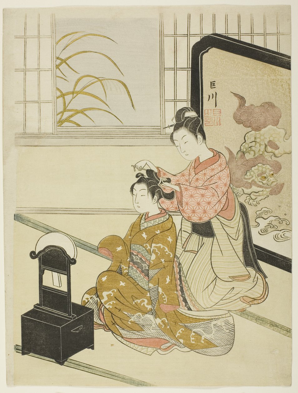 Podzimní měsíc v zrcadle (Kyodai no Shugetsu), ze série „Osm pohledů do salonu (Zashiki hakkei)“ od Suzuki Harunobu