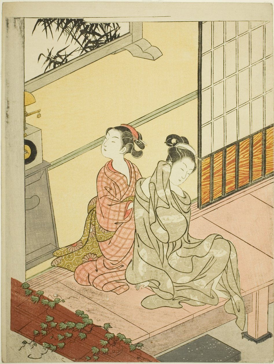 Večerní zvon hodin (Tokei no bansho), ze série „Osm pohledů do salonu (Zashiki hakkei)“ od Suzuki Harunobu