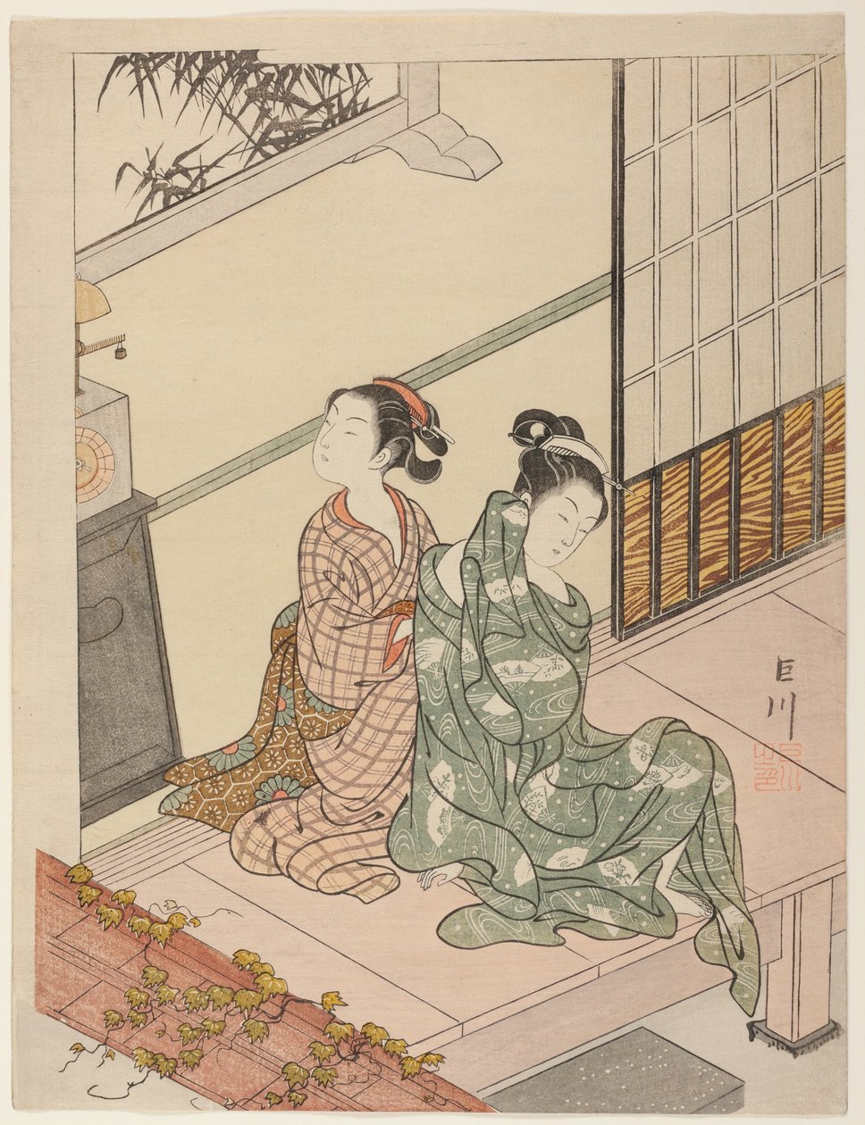 Večerní zvon hodin (Tokei no bansho), ze série „Osm pohledů do salonu (Zashiki hakkei)“ od Suzuki Harunobu