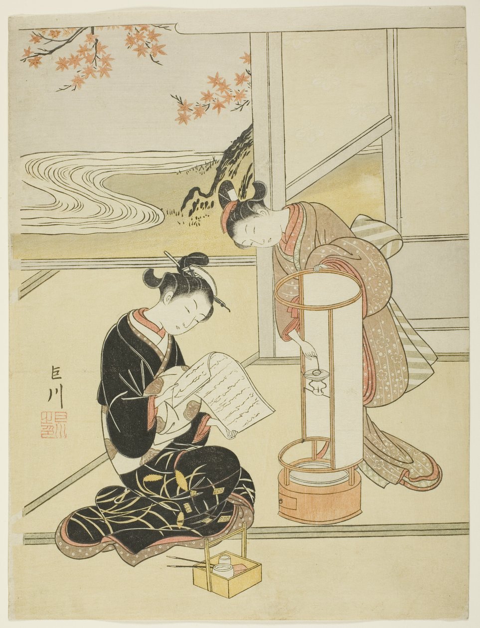 Večerní záře lampy (Andon no sekisho), ze série „Osm pohledů do salonu (Zashiki hakkei)“ od Suzuki Harunobu