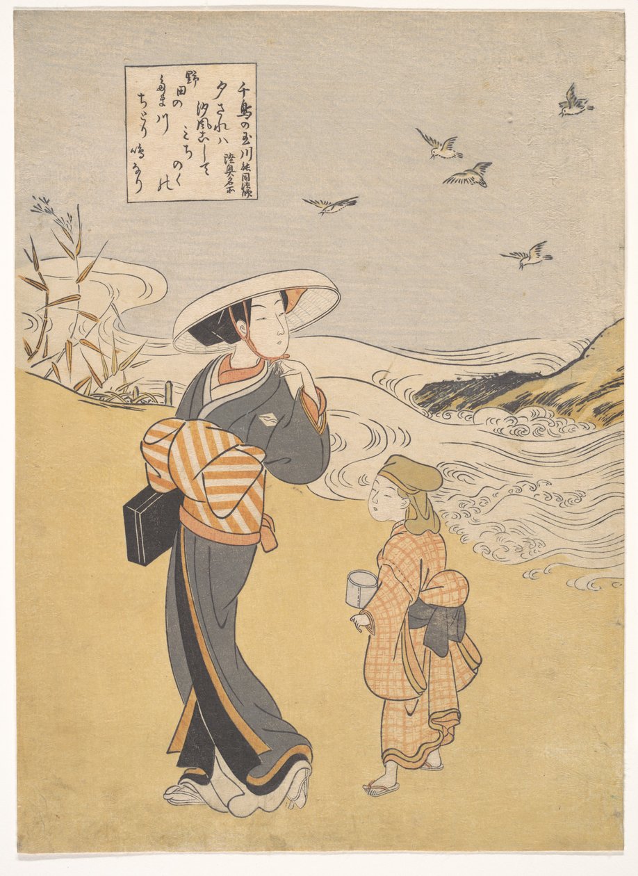„Klenotná řeka kulíků, slavné místo v provincii Mucu“, ze série Šest klenotných řek (Mu Tamagawa: Chidori no Tamagawa, Mutsu meisho) od Suzuki Harunobu